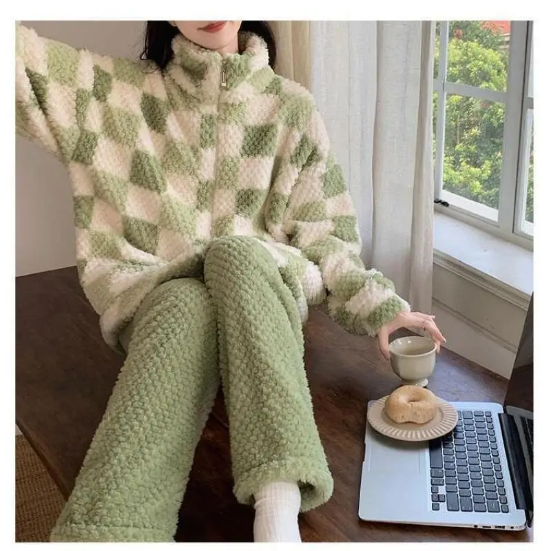 Pigiama a griglia da donna Set di abbigliamento per la casa Pigiama Autunno Inverno Ragazza Studente Nuova cerniera Foderato in pile Addensato Indossabile come capispalla