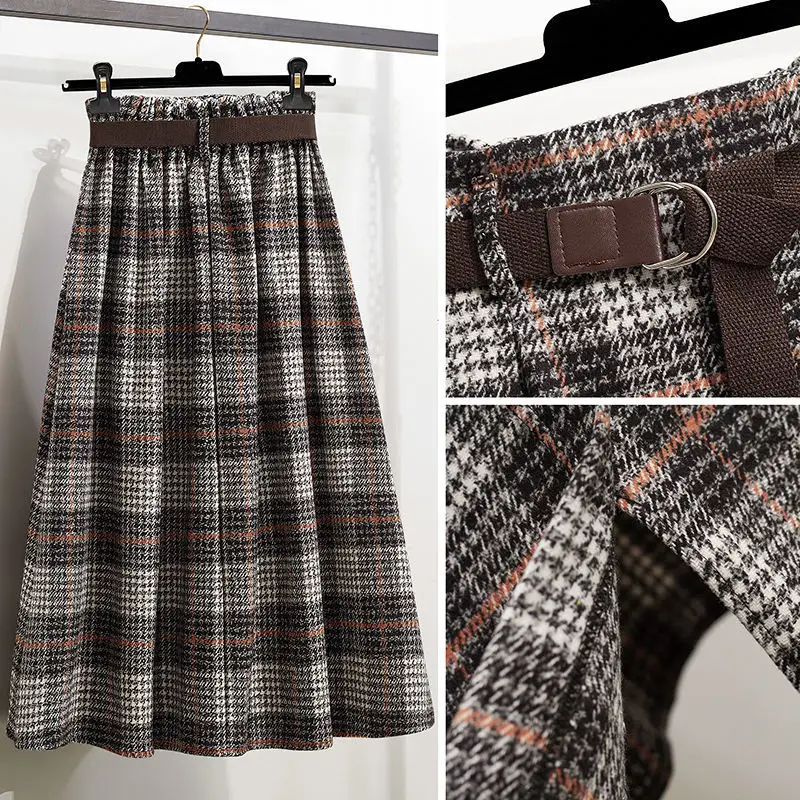 2023 Autumn Winter New Plaid Printing A-line Skirt Women Elastic High Waist Asymmetrical Patchwork All-match Female Clothing