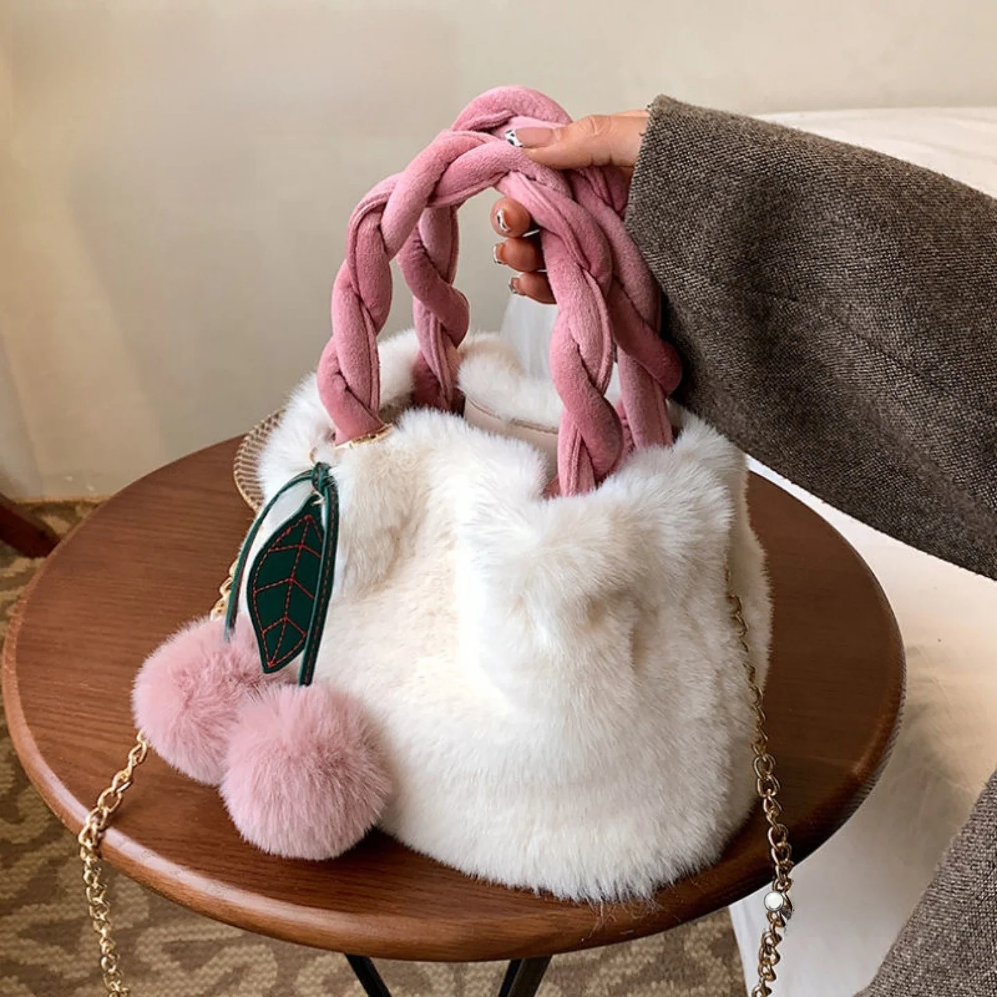 Furry Fashionable Women's Crossbody Bag Cherry Handbag Autumn Winter Casual Simple Style Lightweight Bucket Shape Handheld