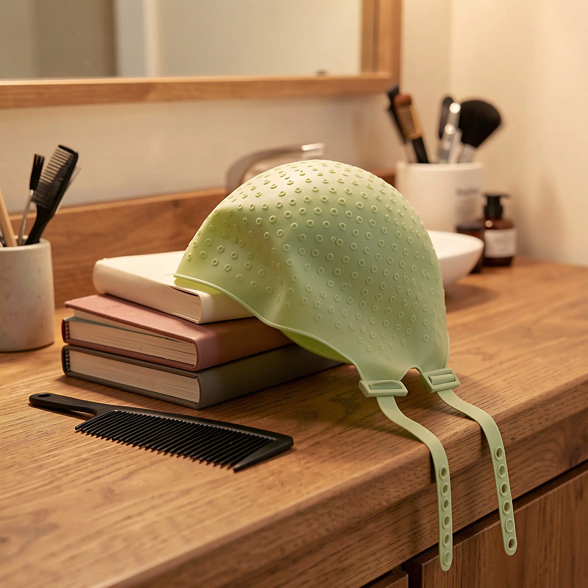 Silicone Hair Highlighting Cap Green Adjustable Buckle Stable Frosting Cap with Hook Salon Hair Coloring Accessories