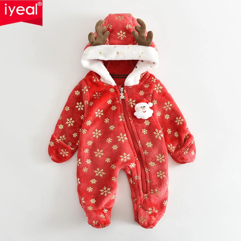 IYEAL Christmas Coral Velvet Thicker Coat Winter Clothing Overalls Newborn Baby Soft Warm Romper Jumpsuits for Girl Boy Clothes