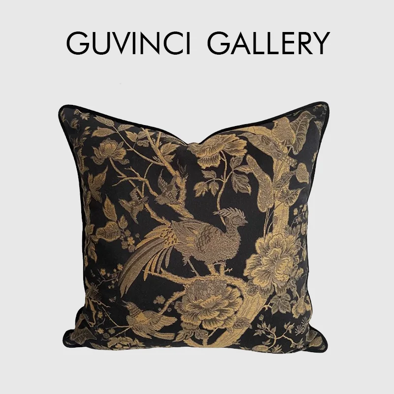 GUVINCI Chinese Accent Majestic Charcoal Cushion Covers Floral Birds Gold Stitching Jacquard Luxury Pillowcase Chic Home Decor