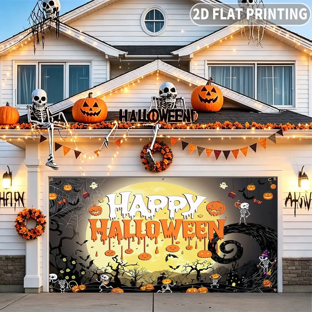 1pc 2D FLAT Halloween Party Garage Banner, Happy Halloween Pumpkin Skeleton Bat Pattern, Decorative Polyester Banner