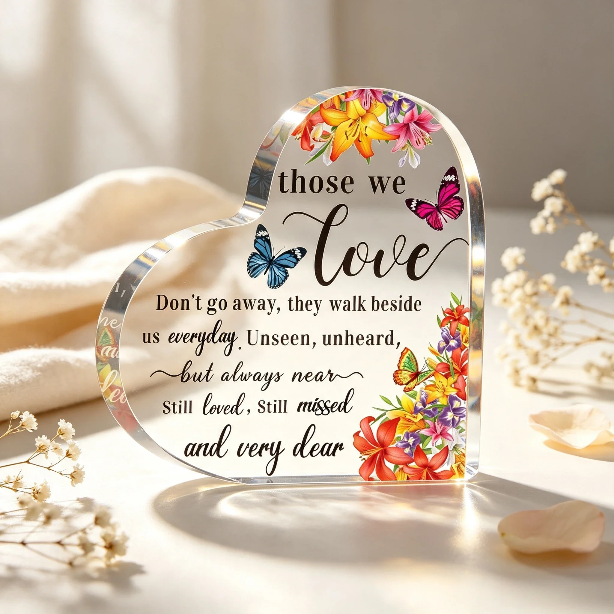 Heart Acrylic Plaque Those We Love Memorial Floral Butterfly Table Decor，Sympathy Gift Heart Shaped Acrylic Sign Remembrance Bereavement Keepsake