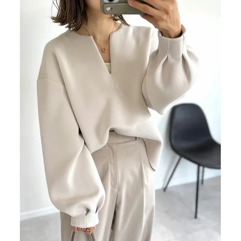 Pop IN STOCK Japanese Style Loose-Fit V-Neck Long Sleeve Sweatshirt Jacket Women's Amazon Foreign Trade Lamp Lantern