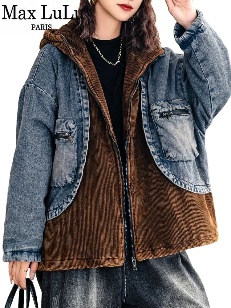 

Max LuLu 2024 Winter Parkas Womens Fashion Corduroy Denim Padded Jacket Loose Warm Vintage Hooded Casual Thicken Oversized Coats