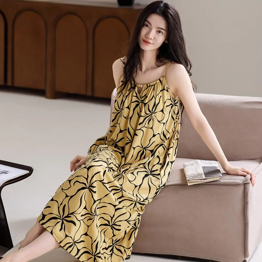 

High Waist Modal Women's Pajama Dress Ruffle Sleeveless Suspender Nightdress Flower Loose Sling Nightgown with Pads Summer