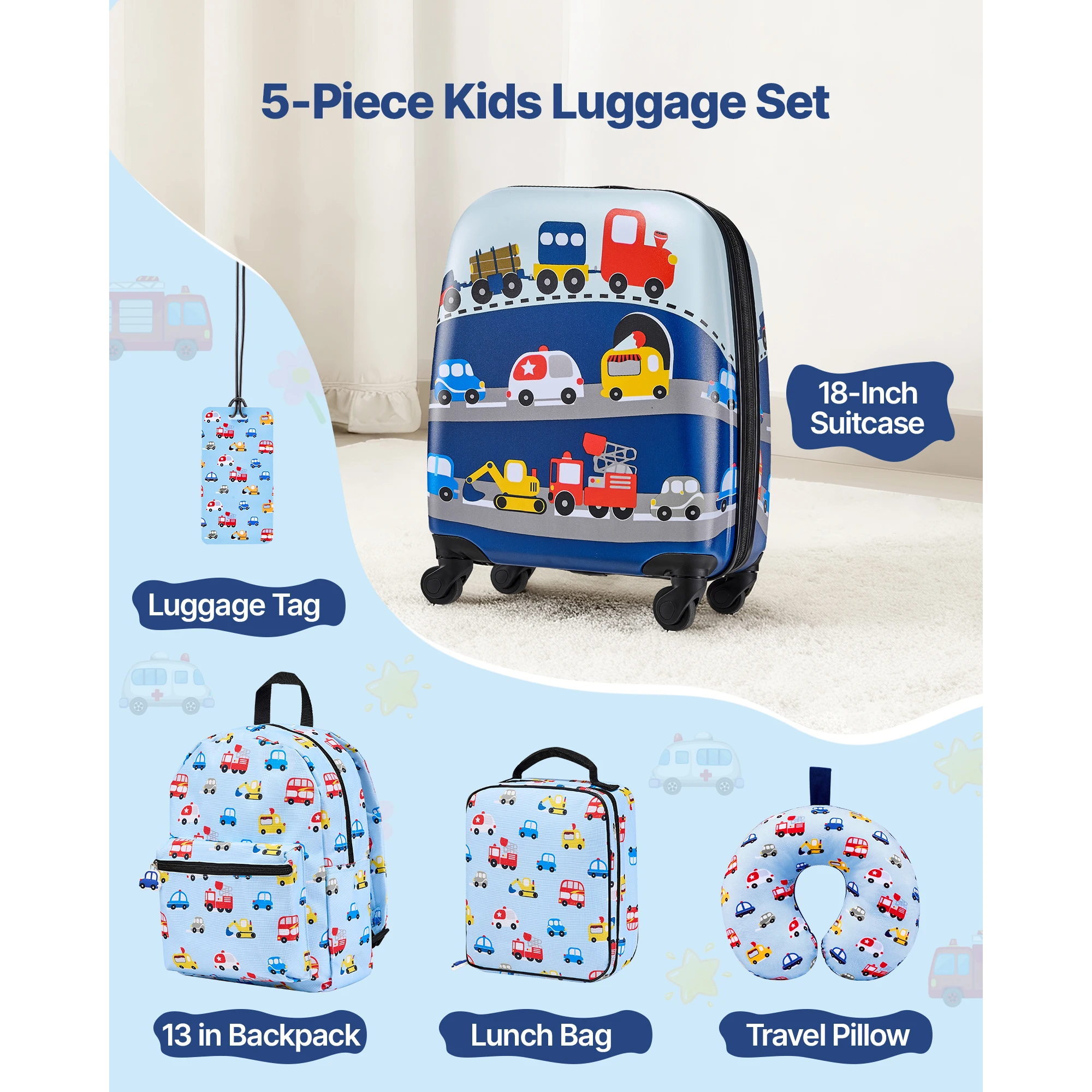 SucceBuy 5pcs Kids Luggage Set with Backpack & U-shape Pillow 18in Rolling Wheels Travel Suitcase Children Carry on Luggage Set