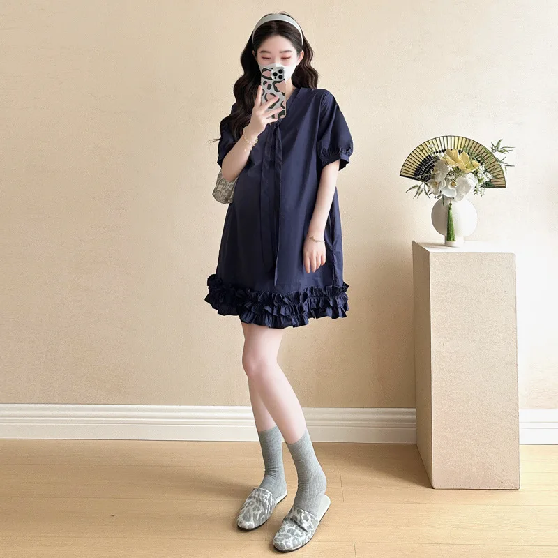 妊婦のドレス 2025 新しい夏のファッションフレンチルーズ痩身 V ネックレーススカート