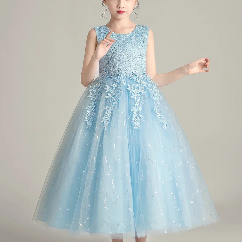 Kids Dresses For Girls Frock Flower Beading Gown Birthday Wedding Party Princess Evening Summer Children's Long Dress 8991