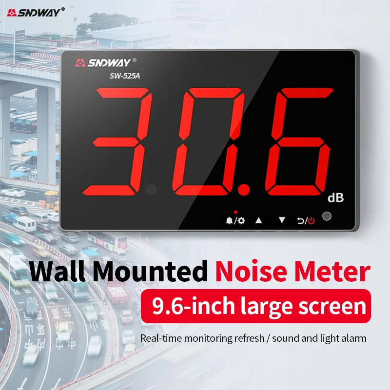 SNDWAY Digital fonometro SW-525A a parete Decibel metro 9.6 pollici 30-130dB grande schermo appeso tipo rumore dB metro