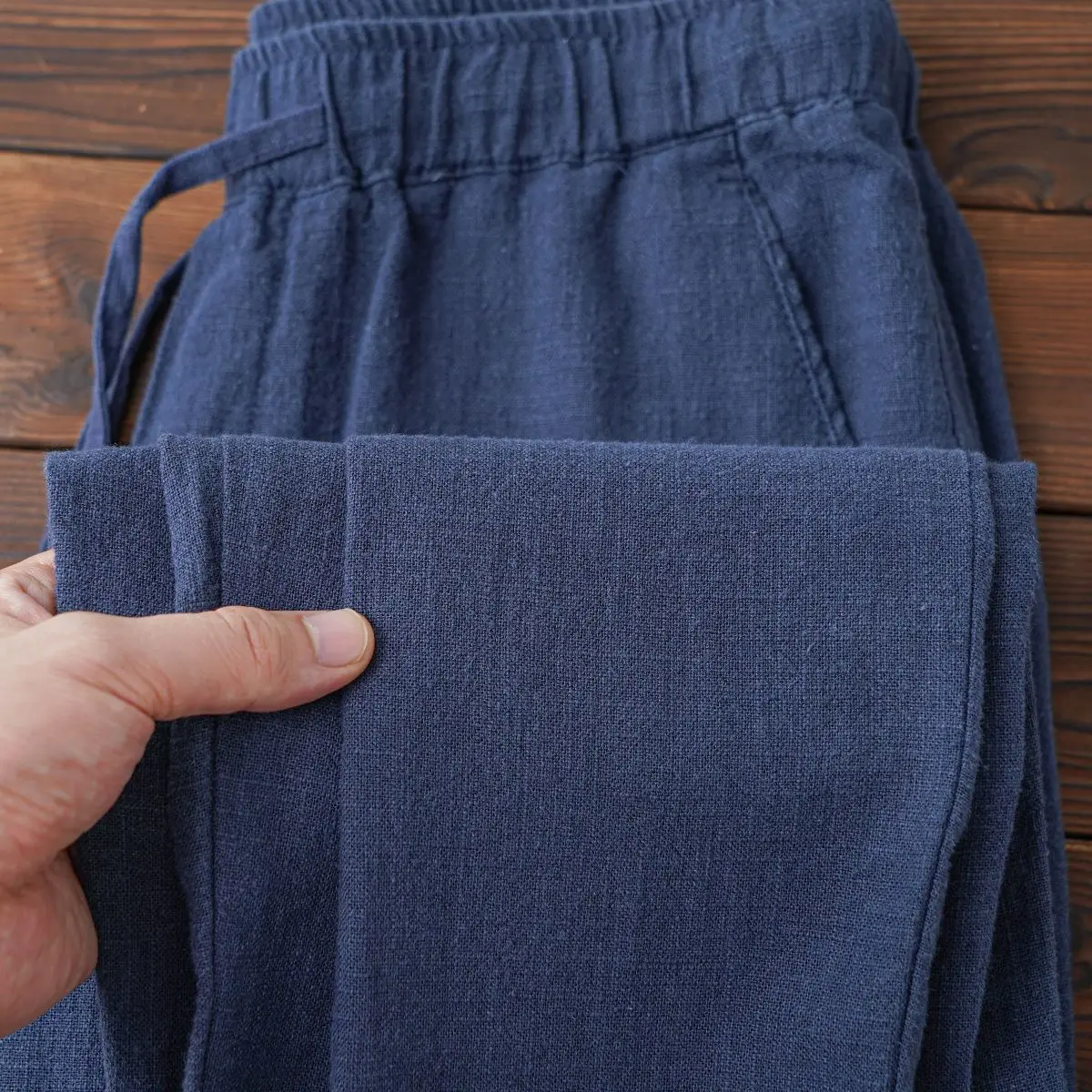 

Light Blue Summer Cotton Linen Loose Straight Leg Pants Dstring Waist Casual Loose Fit Daily Wear Pure Color Long Trousers