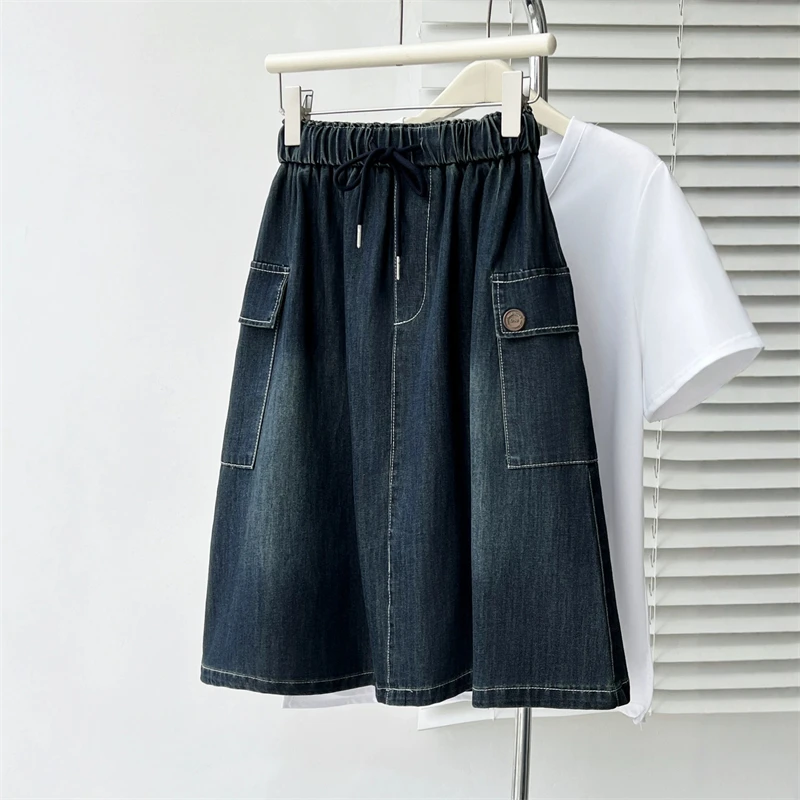 

2026 New Summer Lightweight Workwear Elastic Band Waist Women's Denim Short Skirt Pockets Knee Length Retro Casual Half Skirt