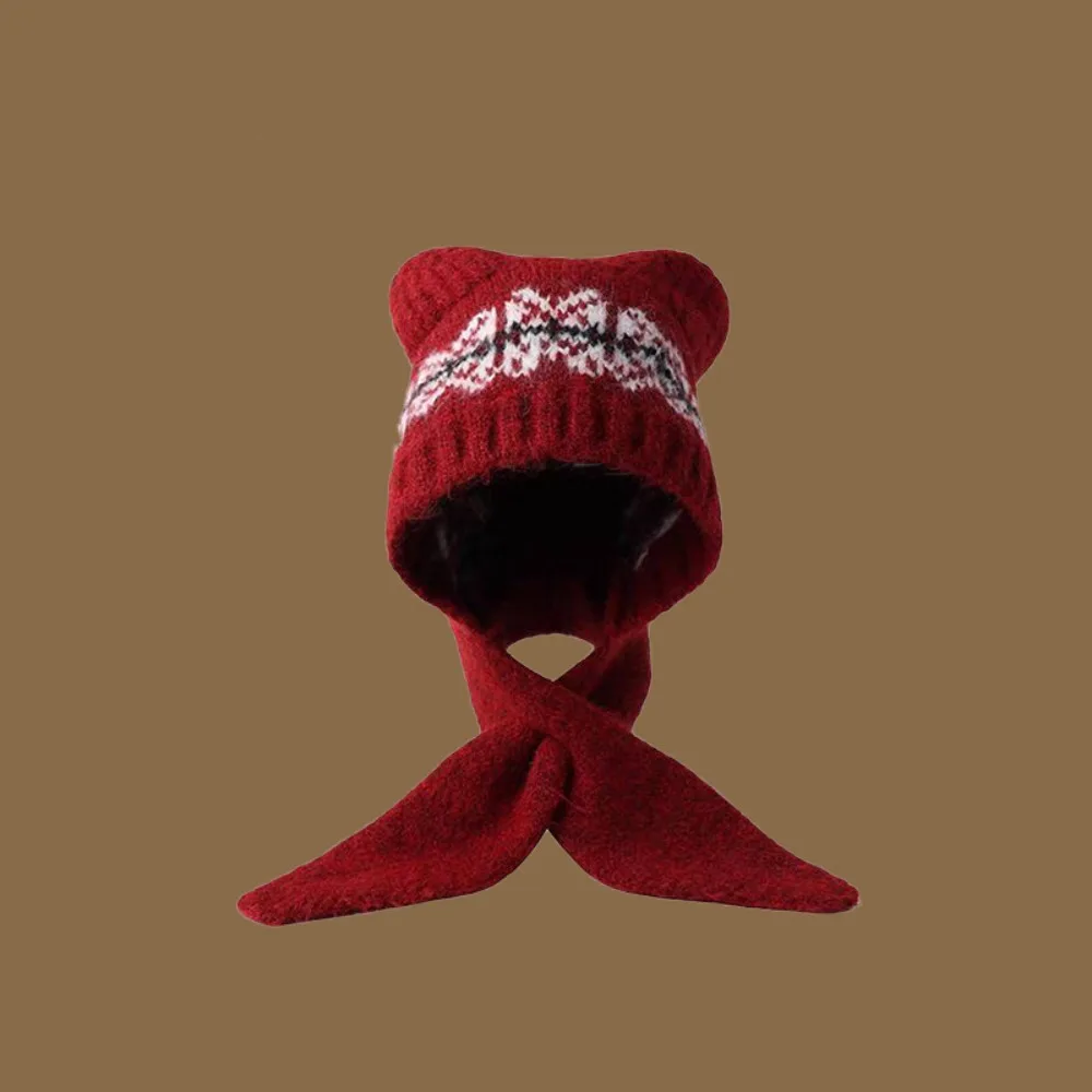 

Retro Fair Isle Style Jacquard Knitted Hat Fleece-lined Printed Bear Ears Beanies Korean Retro Knitted Hat Scarf Set Winter