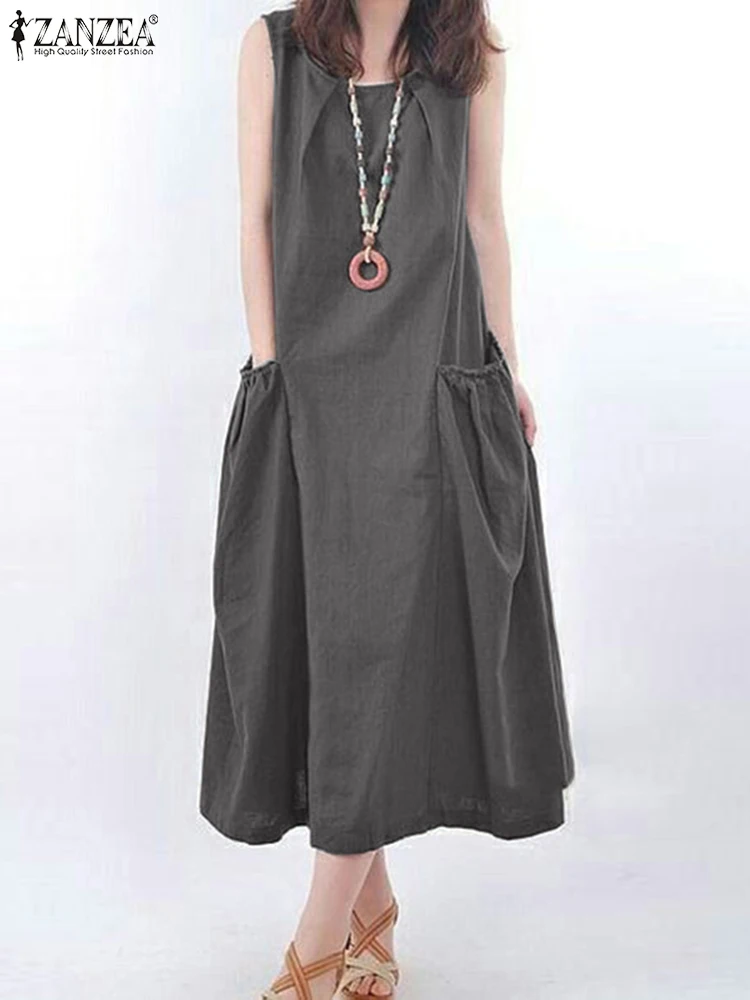 ZANZEA Summer Sleeveless Maxi Dress Women Fashion Work Holiday Sundress Casual Solid Color O-Neck Vestidos Midi Robe Oversize