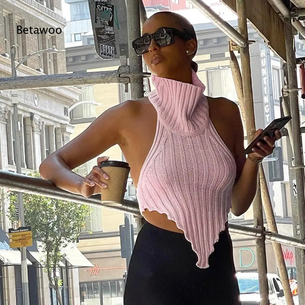 Women Pink Rib Knit Halter Crop Top Turtleneck Sleeveless Backless Asymmetric Pointed Hem Y2K Streetwear Tank Top
