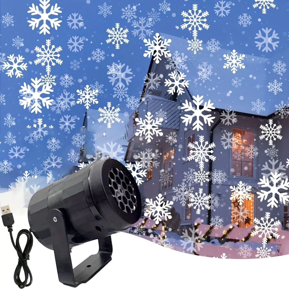 USB Powered Snowflake Projector Light White Snow Pattern Rotating LED Stage Lamp for Holiday Party Christmas Decor New Year Gift