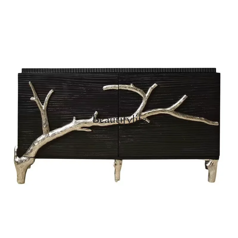 

French porch cabinet entry solid wood carving black decoration light luxury high-end living room American dining side cabinet