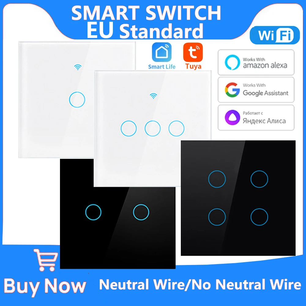 WiFi Smart Switch EU Neutral Wire/No Neutral Wire Touch Light Switch Works with Alexa Google Home Alice 1/2/3/4 Gang Smart Home