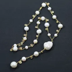 GuaiGuai Jewelry Cultured White Baroque Pearl Round Pearl Yellow Gold Plated CZ Chain Necklace Pendant Simple Women Gifts
