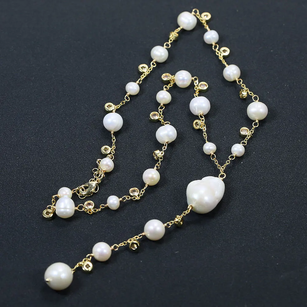 GuaiGuai Jewelry Cultured White Baroque Pearl Round Pearl Yellow Gold Plated CZ Chain Necklace Pendant Simple Women Gifts