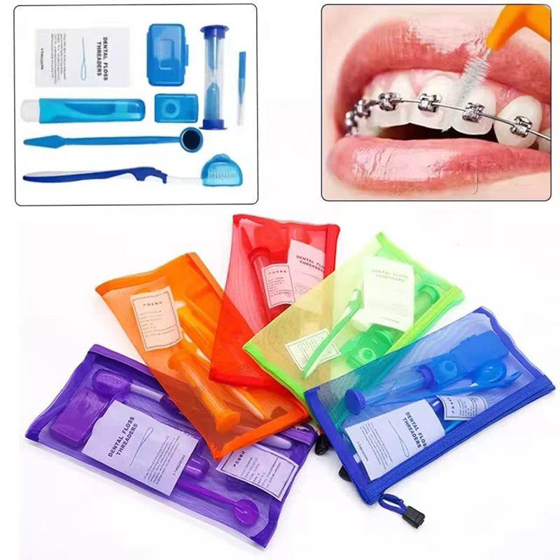 Kit de Cuidados Orais Ortodonticos, Kit de Limpeza de Aparelhos Dentários, Kit de Viagem Portátil, Escova de Dentes, Cera Ortodontica, Fio Dental, Escova Interdentais, Espelho