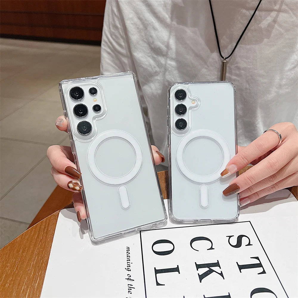 Casing akrilik Magsafe transparan untuk Samsung Galaxy S25 Ultra S24 S22 Plus S23 S21 FE A16 A15 A35 A55 penutup bening magnetik