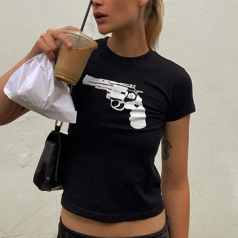 2000s Gothic Grunge Print T-shirt Women\'s Summer Skinny Crop Tops Black Funny Short Sleeve Kpop Harajuku Street Tees Y2k Clothes