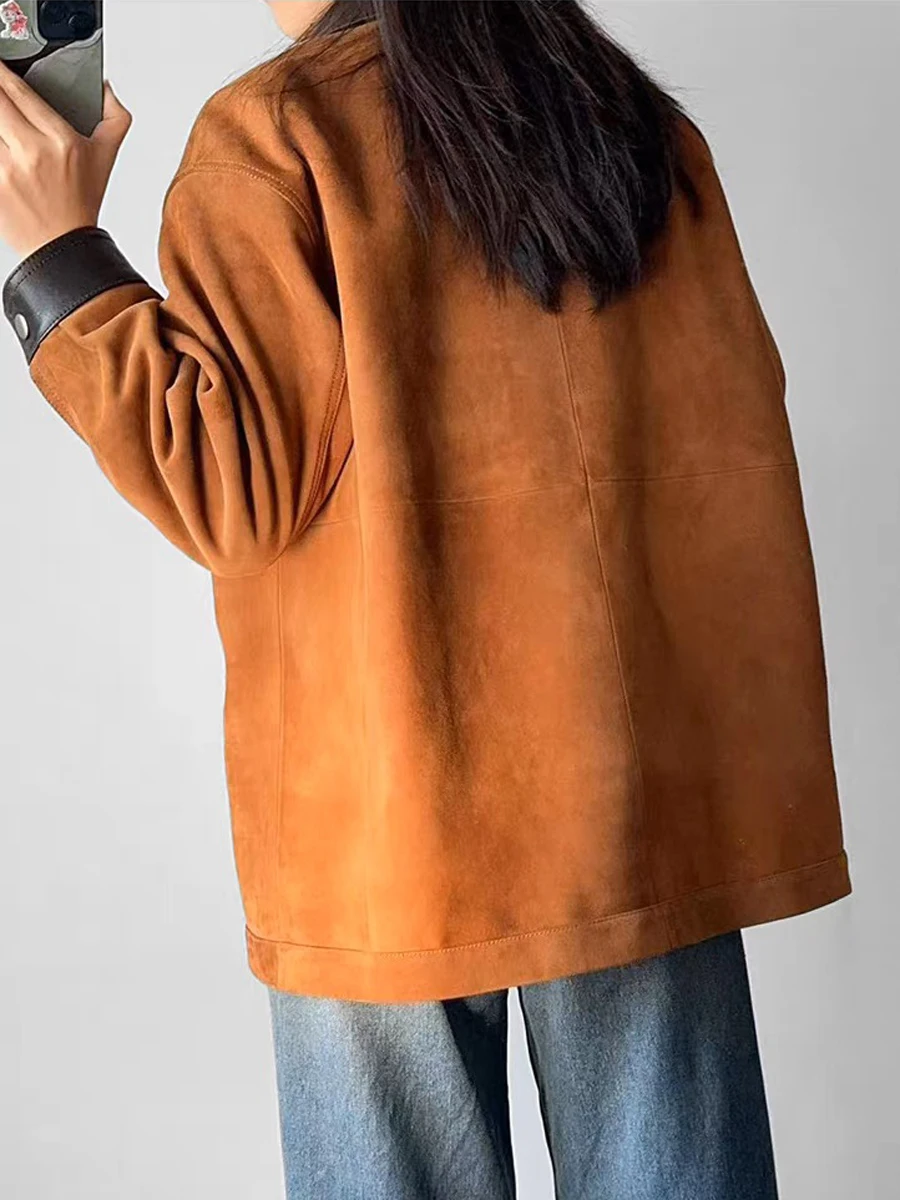 2025 Retro Sheepskin Leatherr Brown Jacket for Women Trendy Kid Suede Coat Streetwear Femini Suit Collar