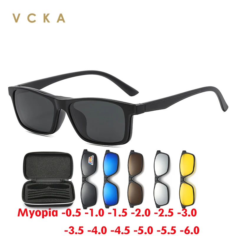 VCKA 6 in 1 Square Myopia Sunglasses 2025 Men Eyeglass Frames Magnet Clip Women Polarized Custom Prescription Glasses -1.0~-6.0