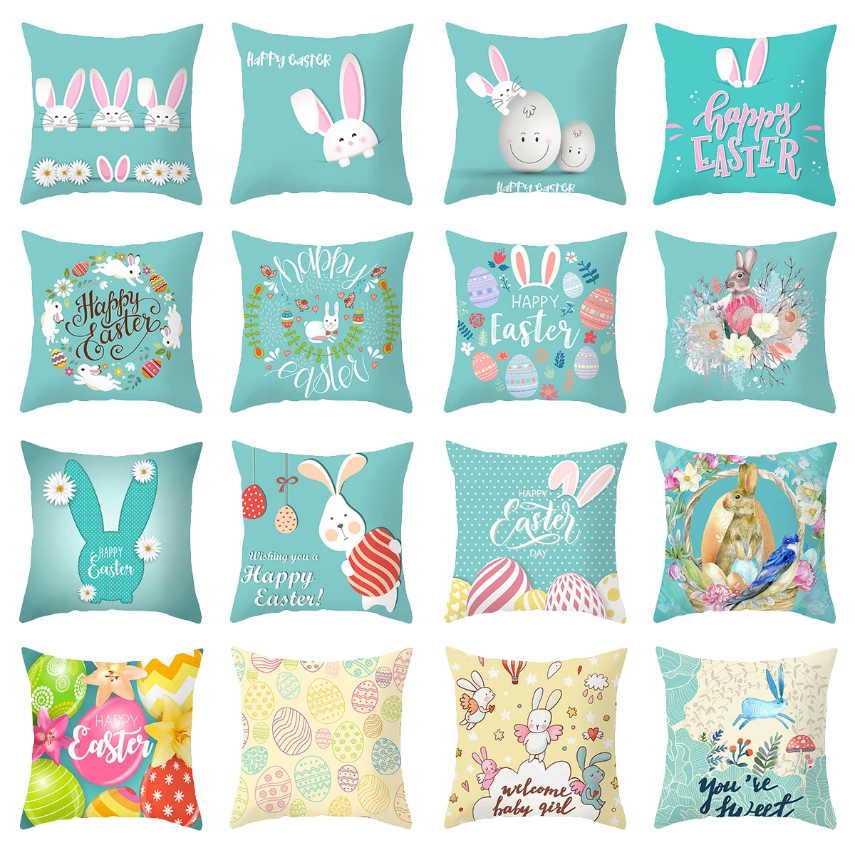 Easter Egg Bunny Print Pillow Cover Easter Pillow Case Easter Sofa Back Cushion Covers Blue Easter Decor Pillowcase 45x45cm