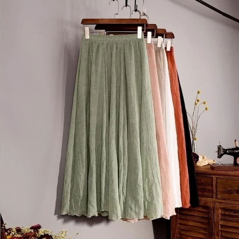 Rok wanita Linen A-Line 14 warna baru rok Maxi Linen pakaian wanita rok pantai Maxi panjang kasual Boho antik berlipat