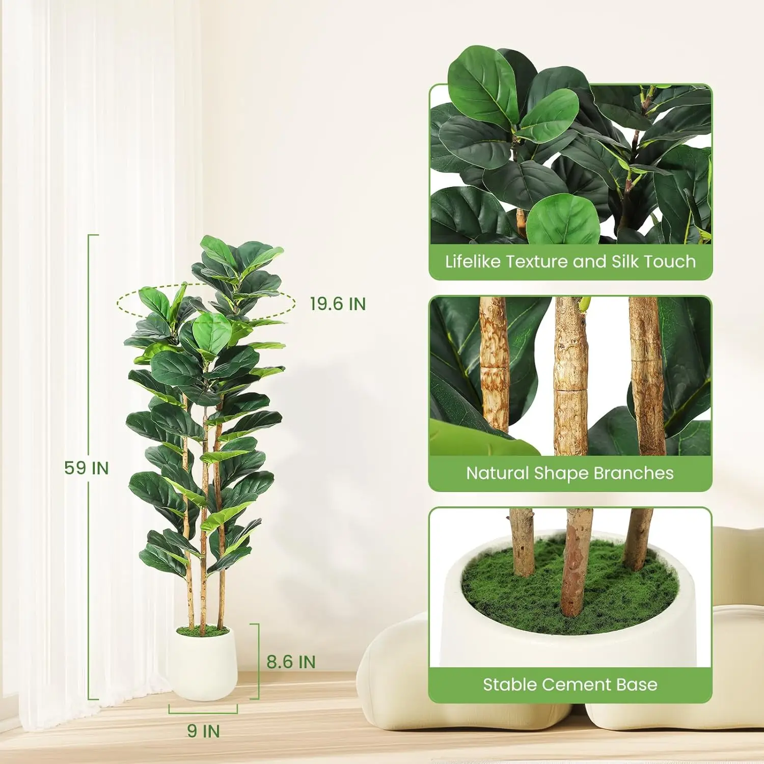 Faux Fiddle Leaf Fig Tree with White Pot, Faux Trees， with Artificial Plants  Fiddle Leaves Greenery - Lifelike Tree