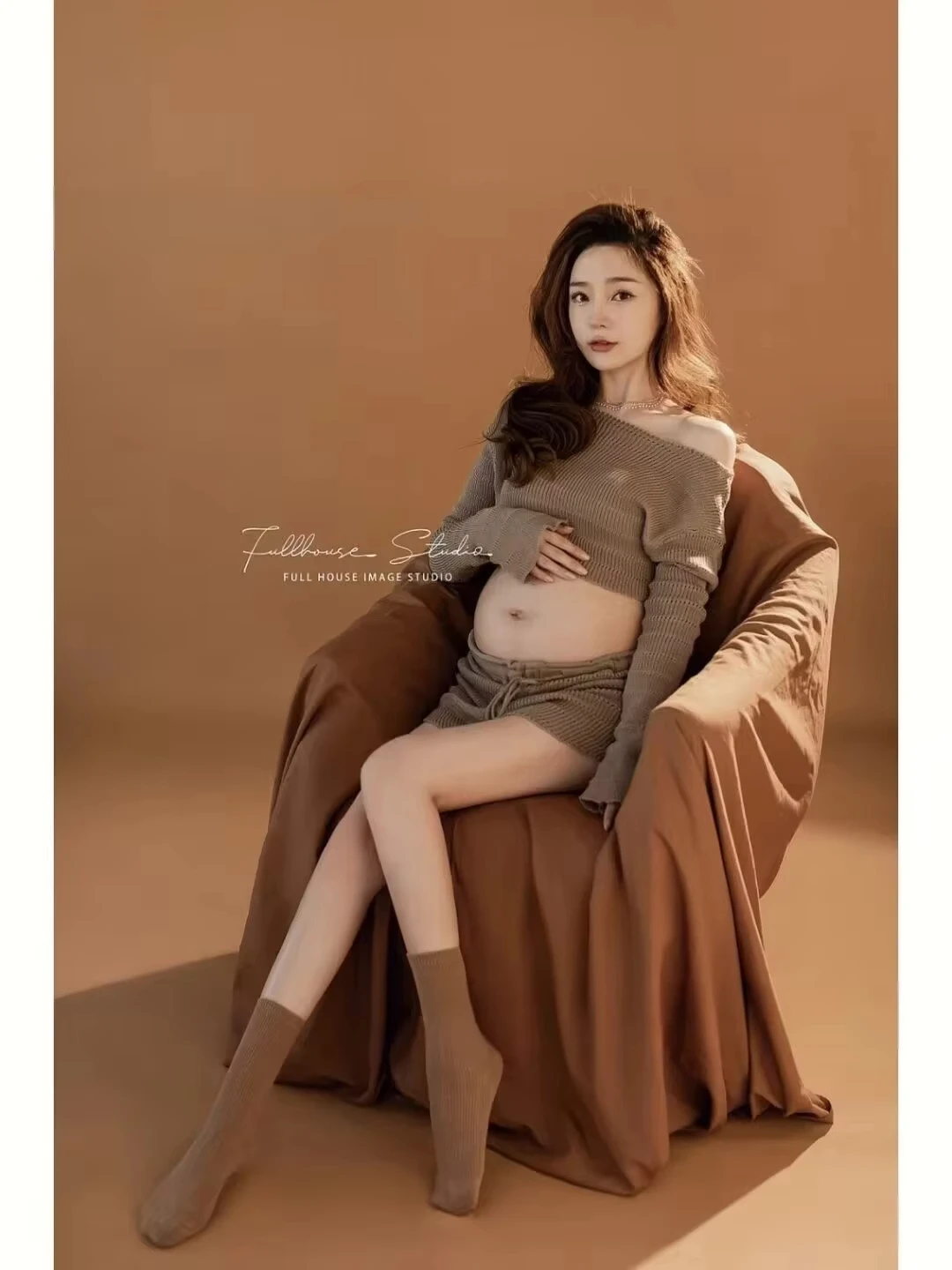 Women Photography Props Khaki Knitted Maternity Dresses Pregnancy Full Sleeve Top with Skirt Set Studio Photo Shoot Clothes