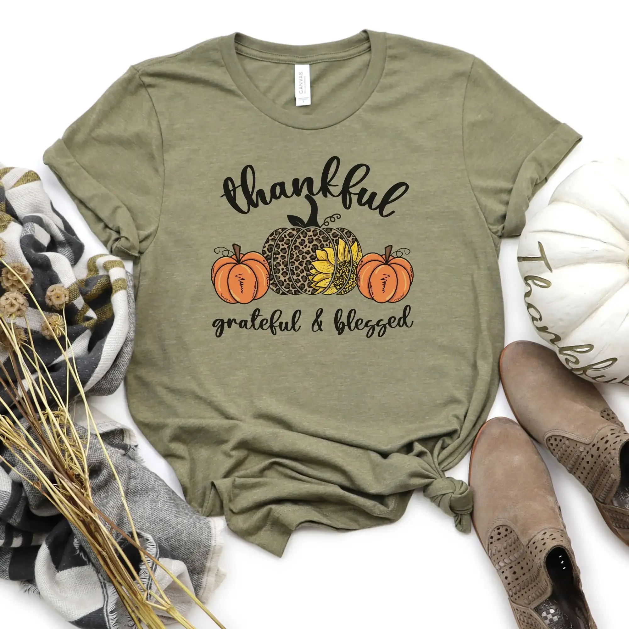 Thanksgiving T Shirt Thankful Grateful Blessed Leopard Print Autumn Peace Love Family