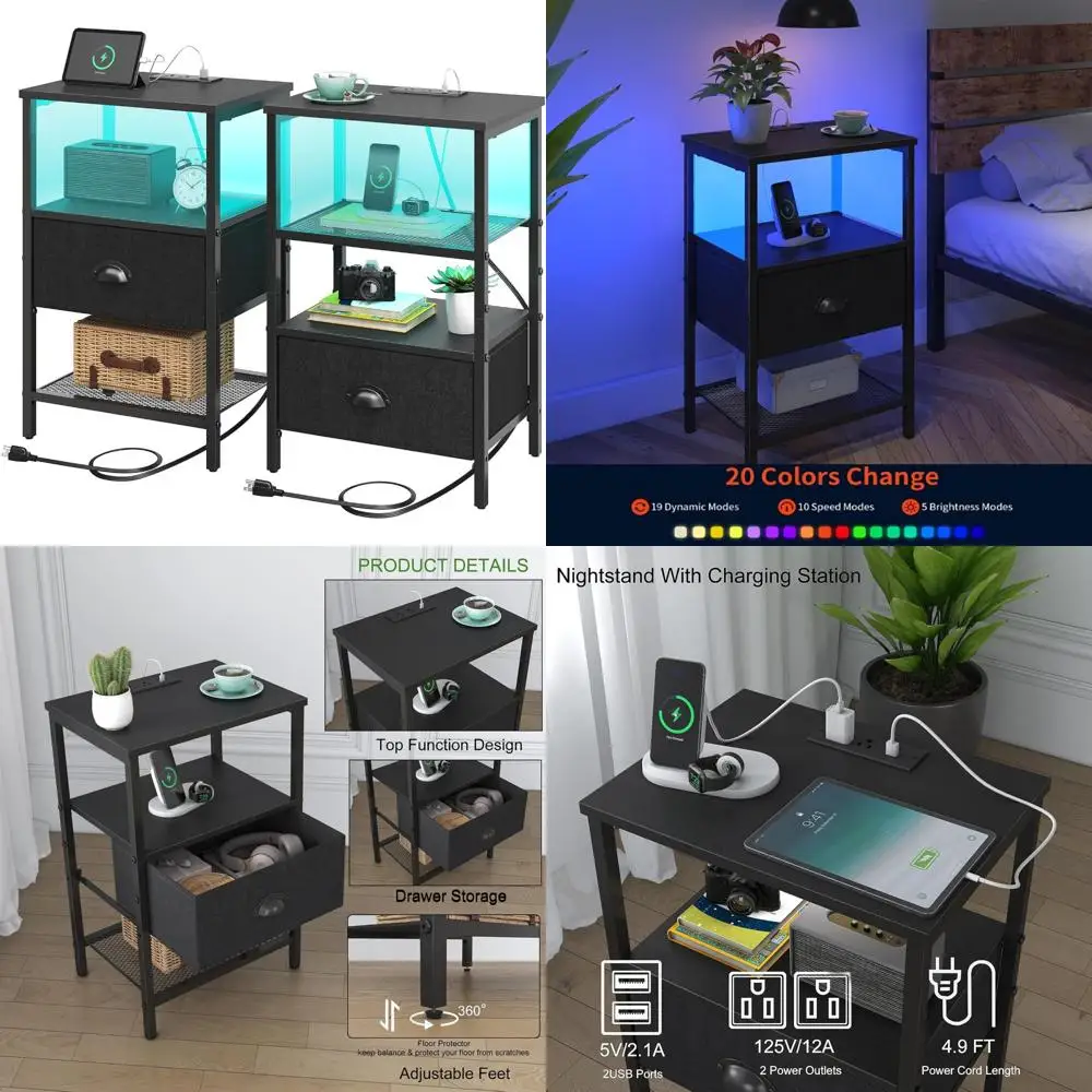 LED Charging Station Nightstands Set of 2, Fabric Drawer Bedside Tables with Storage, 3-Tier Side Tables for Bedrooms