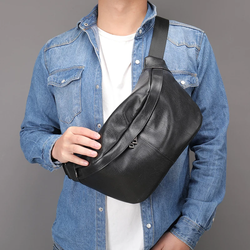 Genuine Leather Men Crossbody Bag Cowhide Leather Chest Bag Big Waist Bag Male outdoor fanny pack