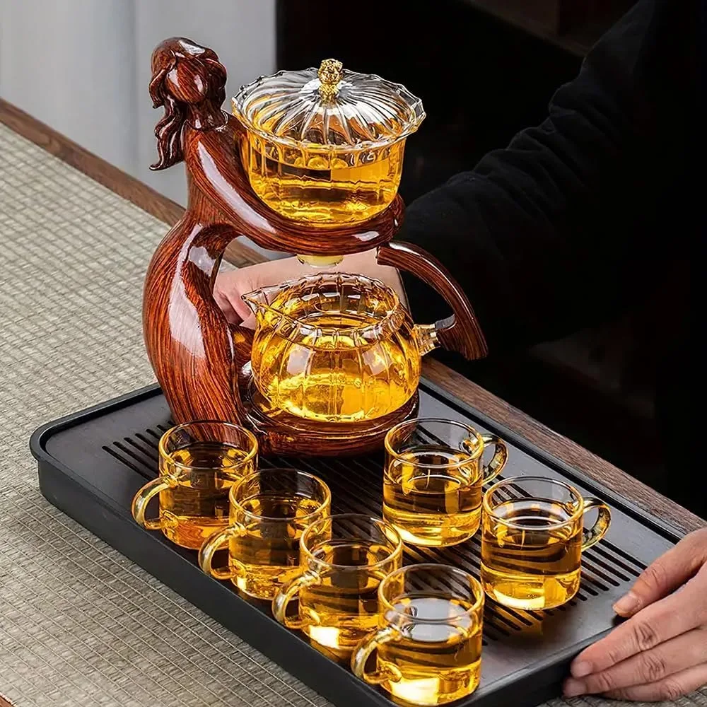 

Lazy Kungfu Drip TeaPot, Semi-Automatic Glass Teapot Suit for Magnetic Water Flow Wooden Glass Teapot Set with Cups