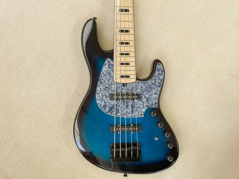 5 Strings Blue Body Electric Bass Guitar with Black Hardware,Flame Maple Veneer,Provide customized service