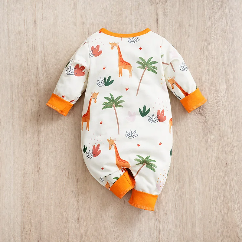 Spring And Autumn Boys And Girls Cute Cartoon Giraffe Print Comfortable Casual Long Sleeve Baby Bodysuit