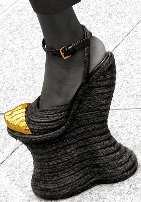 

New Style Women's Black Braided Wedge Sandals Gold Toe Cap Ankle Strap Buckle Decor Artistic Unique High Heel Shoes Fashion