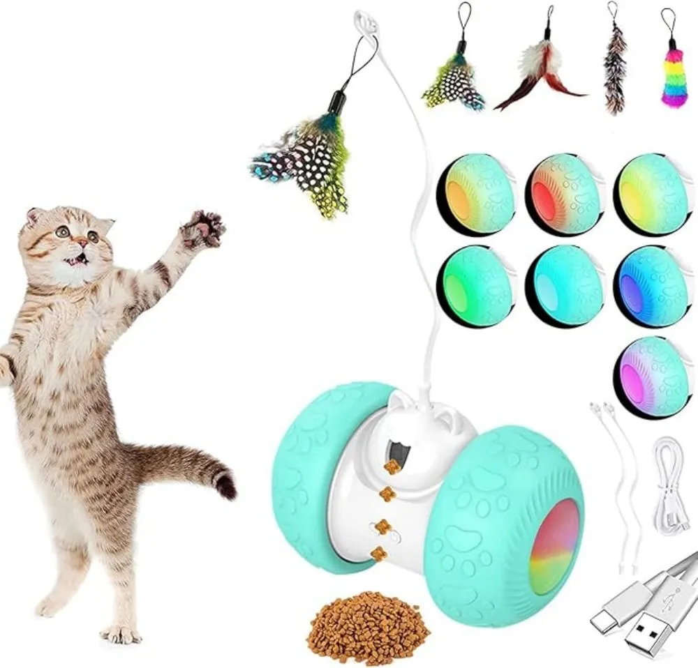 ATUBAN Automatisches Katzenspielzeug, interaktives Katzenfederspielzeug, Fütterungsfunktion, 360-Grad-drehbares Spielzeug mit 4 Federn für Hauskatzen