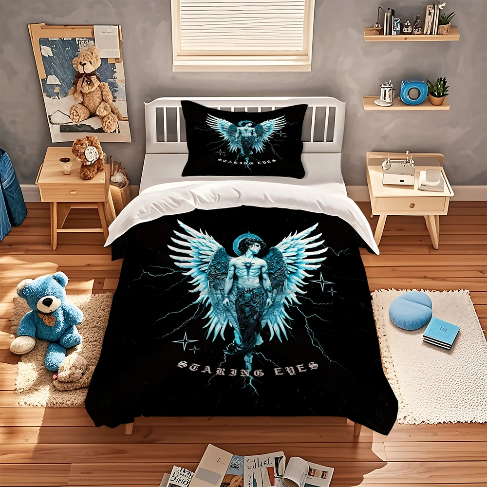 Dark Gothic Blue Lightning Angel Duvet Cover Set Black Winged Male Angel Bedding Cover Dark Aesthetic Bedroom Decor for Men