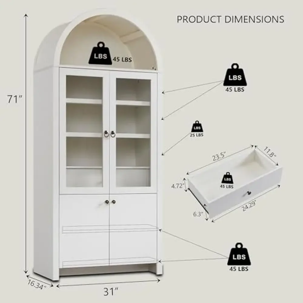 Tall Pantry Cabinet Open & Adjustable Shelves Hidden Drawer Glass Doors Modern Farmhouse Kitchen Storage Solution Arch Design