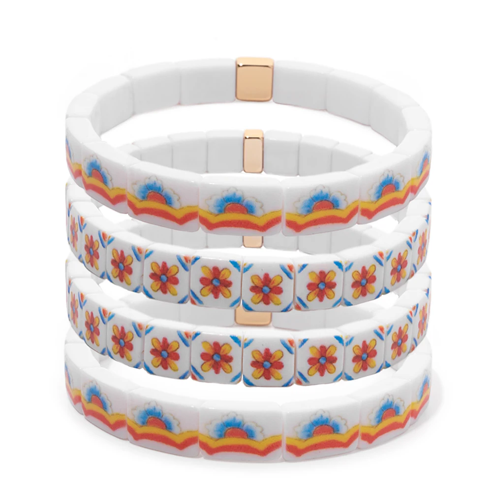 2024 New Arrivals Textured Acrylic Women Bracelet Colorful Pattern Elastic Beads Bangle Fashion Jewelry Accessories