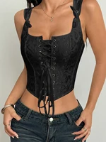 Un corsé negro de jacquard con varillas y cordones, perfecto para un look sofisticado. Top tipo camisola sexy y ajustado, ideal para citas.