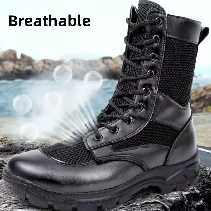 Summer Breathable Mesh Microfiber Boots Fashion Side Zipper Black Lace-up Shoe Outdoor Hiking Walking Training Climbing Boot