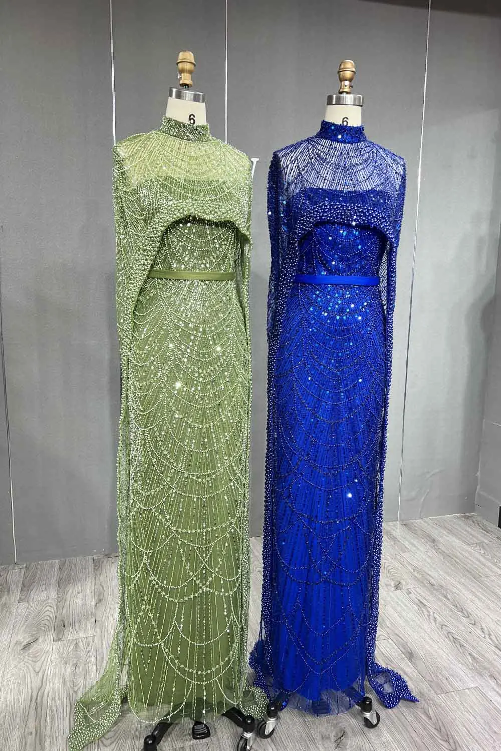 YQLNNE Luxury Greenery Beading Evening Dresses Sequined Tulle Formal Party Gown Mermaid With Shawl