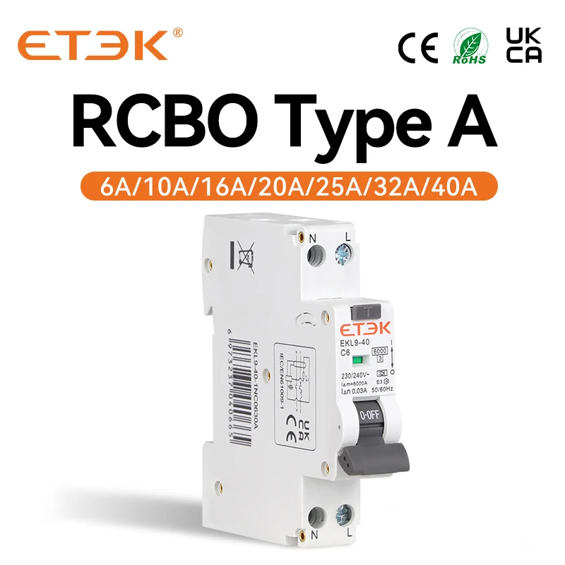 Etek rcboタイプa残留自動サーキットブレーカ1p n 2p dpn、現在の漏えい保護30ma EKL9-40