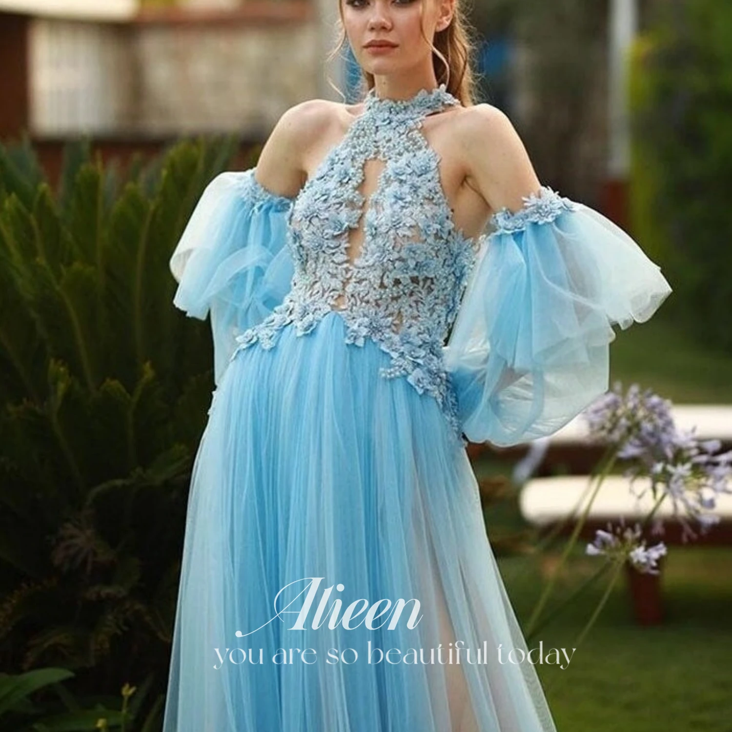 

Aileen Blue Halter Appliques Flower Prom Gown Dresses Puff Sleeve Lace Elegant Long Evening Party Dress Floor Length Ball Gowns